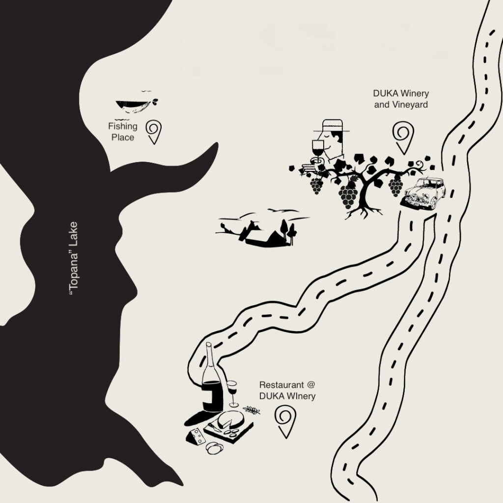 An illustrated map of DUKA Winery & Vineyard, showcasing the road leading to the winery, restaurant and lake